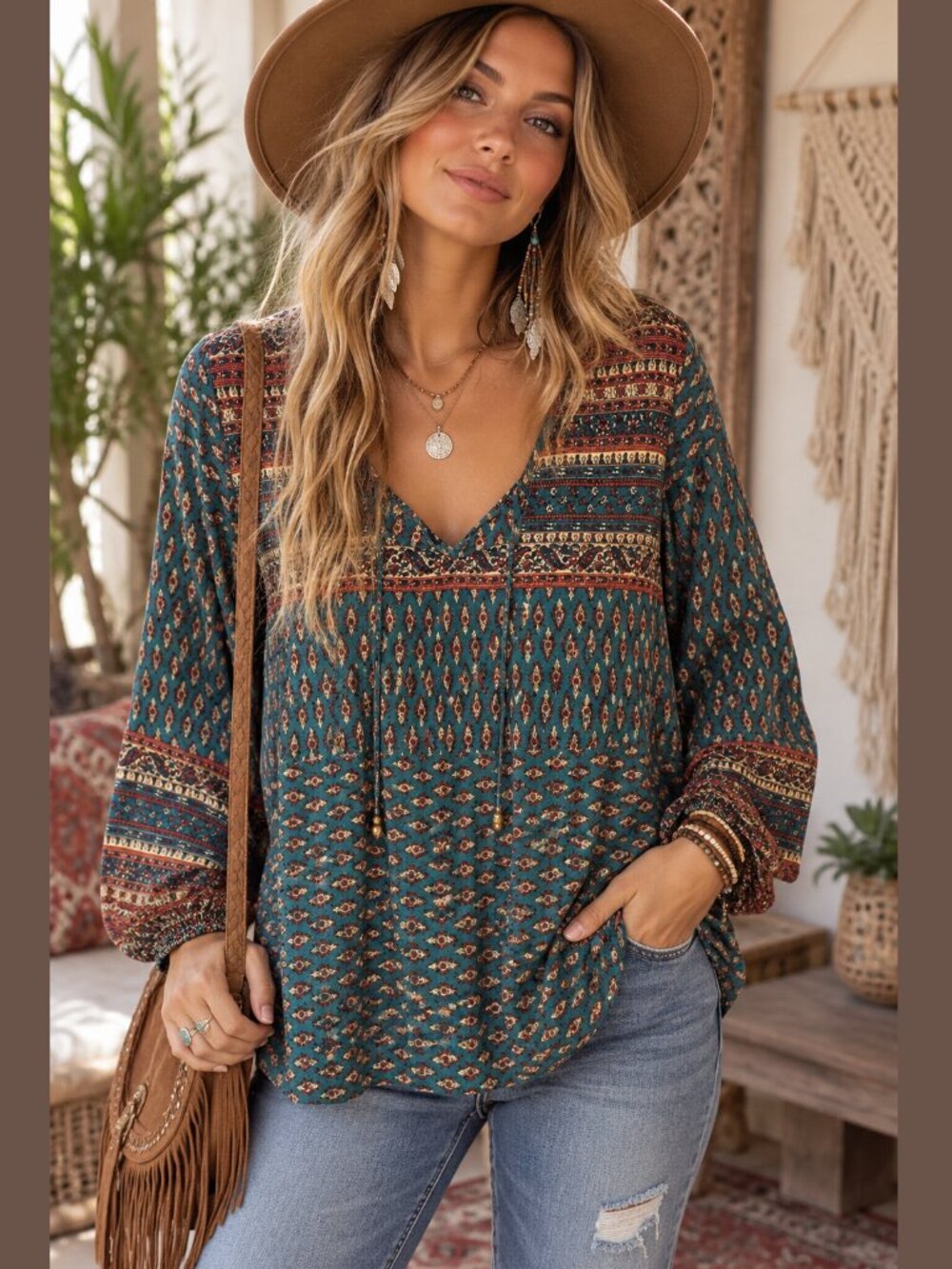 Venus Boho Teal and Brown Tunic - Large - EUC